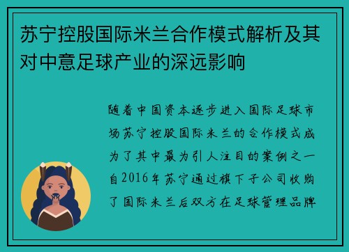 苏宁控股国际米兰合作模式解析及其对中意足球产业的深远影响 苏宁控股国际米兰合作模式解析及其对中意足球产业的深远影响
