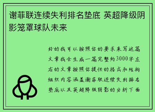 谢菲联连续失利排名垫底 英超降级阴影笼罩球队未来